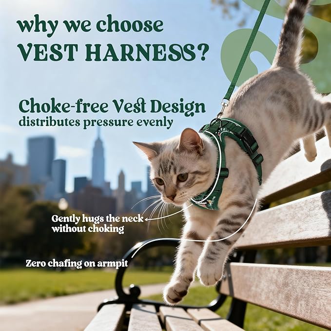 rabbitgoo Cat Harness and Leash for Walking, Escape Proof Soft Adjustable Vest Harnesses for Cats, Easy Control Breathable Reflective Strips Jacket,Rainforest Green,S