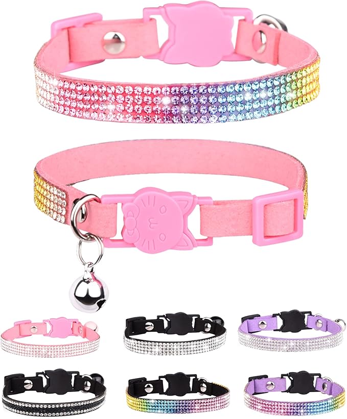 Cat Collars for Girl Cats with Rhinestone Soft Velvet,Breakaway Cat Collars with Bell,Adjustable Safe Kitten Collar (Multicolour Pink)