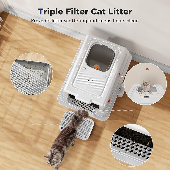 FURTIME XXXL Extra Large Stainless Steel Litter Box with Lid, Large Enclosed Cat Litter Box for Big Cats, Metal Cat Box with High Sided Enclosure & Scoop, Silver