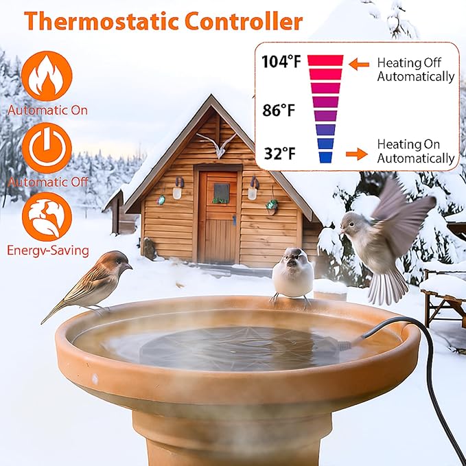 Bird Bath Heater for Outdoors in Winter, 70w Birdbath Deicer Thermostatic Controller Water Heater with 5FT Cable for Birdbaths, Chicken, Duck, Livestock, Poulty, Animal, Tank, Buckets