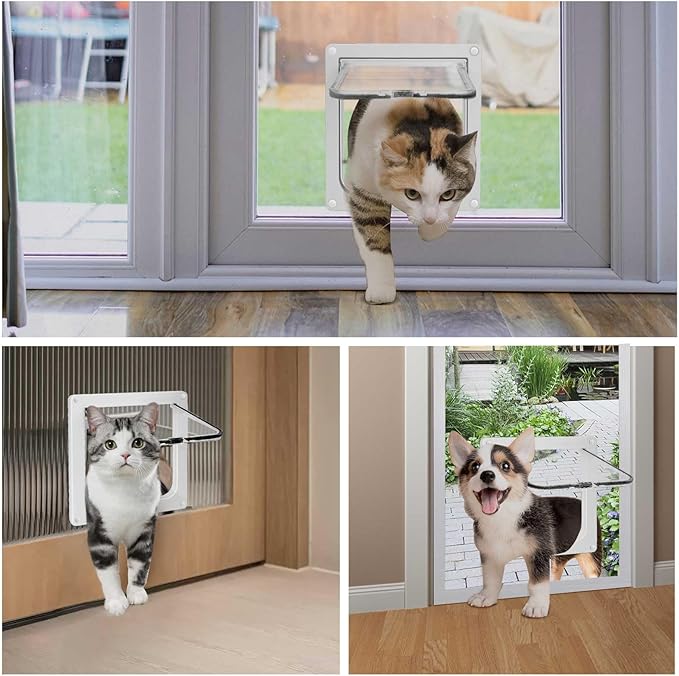 Cat Door for Windows, Pet Doors and Sliding Door, Safety Pet Door with 4 Way Lock, Weatherproof Cat Flap for Thin Door and Wall(Large, Outer Size 9.8 * 9.3 * 0.78in)