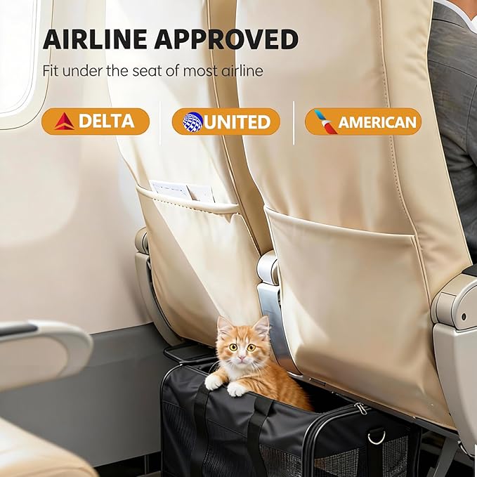 Simple Deluxe Airline-Approved Cat Carrier, 17" x 12" x 12", Soft-Sided Pet Carrier for Cats up to 17 lbs, Durable & Collapsible Travel Carrier, Black