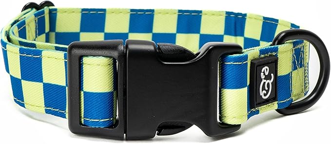 Lucy & Co. Have a Nice Day Dog Collar - Durable Lightweight Designer Collar for Pets - Adjustable Metal Safety Buckle - Lime Green Blue Checker - Small