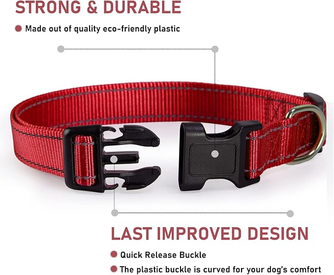 Reflective Dog Collar with Buckle Adjustable Safety Nylon Collars for Small Medium Large Dogs, Red XXS