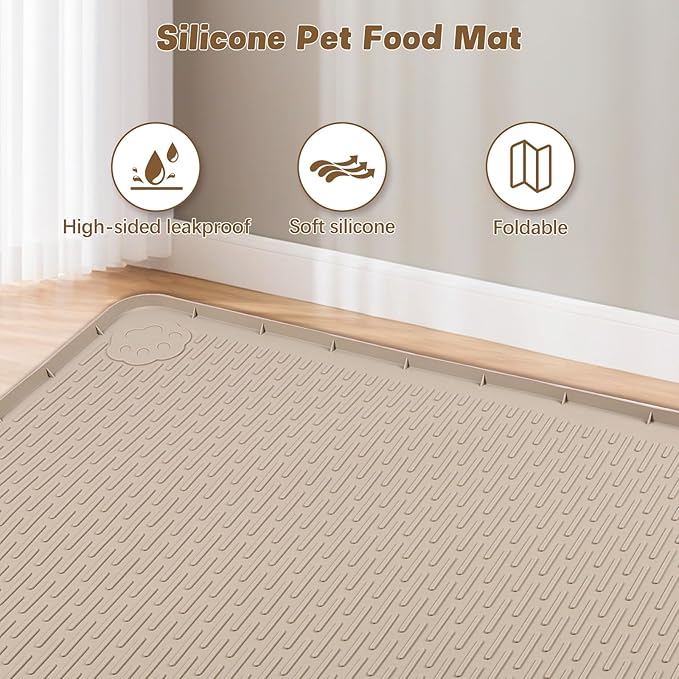 Cat Food Mat, 57" x 40" Extra Large Silicone Pet Feeding Mat with Raised Edge Pet Placemat for Food and Water Bowl Non-Slip, Easy to Clean, Floor Protection (Khaki)