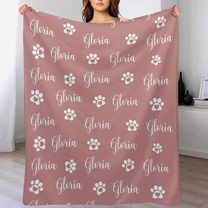 Personalized Paw Print Dog Blanket with Pet Name Face-Custom Puppy Blankets with Picture for Dogs-Customized Dog Memorial Throw Fleece Blanket-Loss of Pets Supplies Sympathy Gift for Bed Sofa Travel