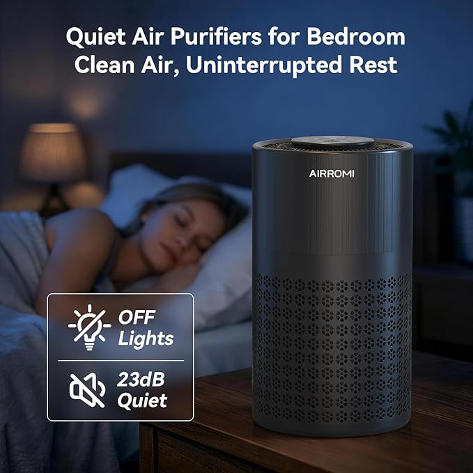 AIRROMI Air Purifier for Bedroom with HEPA 3-in-1 Filter, Pet Air Purifier for Home Cat Pee Smell, Covers Upto 990 Ft², Quiet 360°intake Air Cleaner for pet hair,allergies,Dust,Smoke A2001 Black