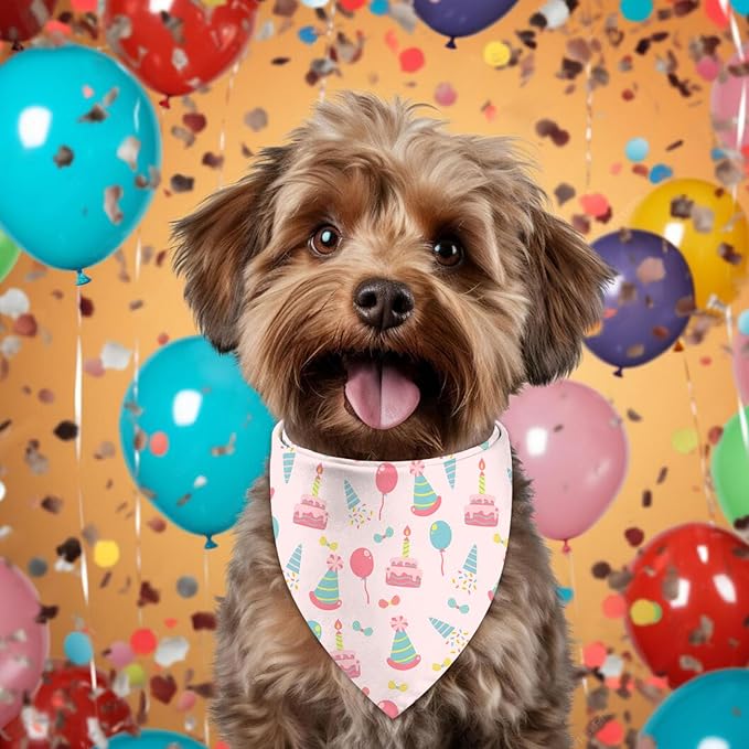 Birthday Dog Bandanas, Double Side All 4 Patterns Reversible Large Pet Bandanas 2 Pack, Celebration Set, Plaid Adjustable Triangle Holiday Pink Green Scarves for Dogs Girl Boy Pets