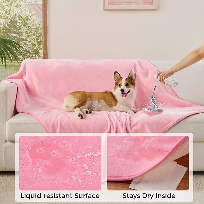 Sunheir Waterproof Blanket for Queen Size Bed - 90"x86" Soft Reversible Sherpa Fleece Flannel Dog Blankets for Large Dogs, Pet Blanket for Bed, Couch, Soft Plush Furniture Protector, Pink