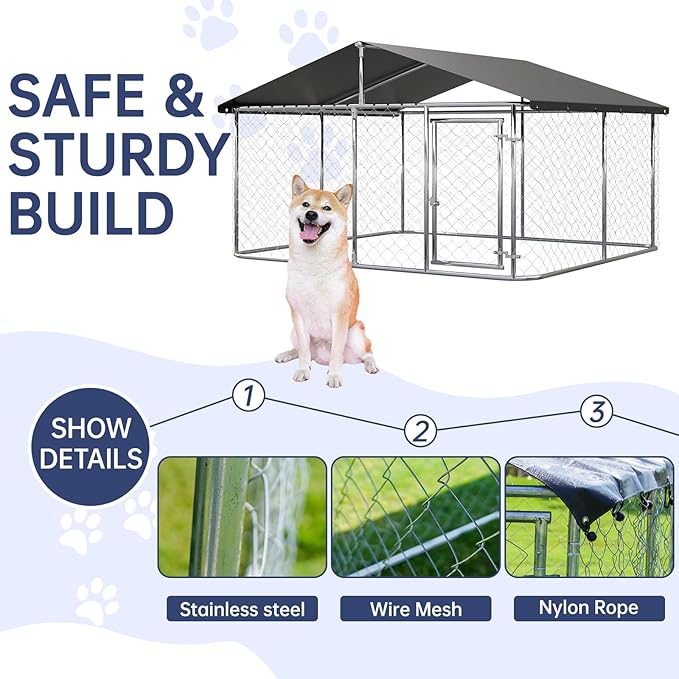 Petonly Outdoor Dog Enclosure Heavy Duty Dog Kennel House Mesh Dog Big Cage Pet Kennel Steel Fence with Secure Lock(118”x 118”)