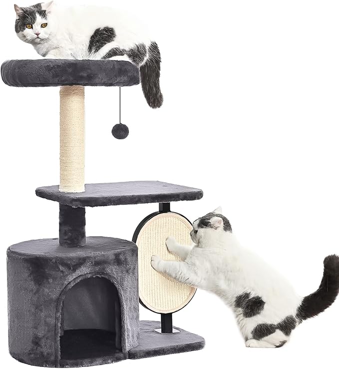 Amazon Basics Cat Tree Tower, Solid Steel Frame with Removable Scratching Pad, Gray, 32 Inches