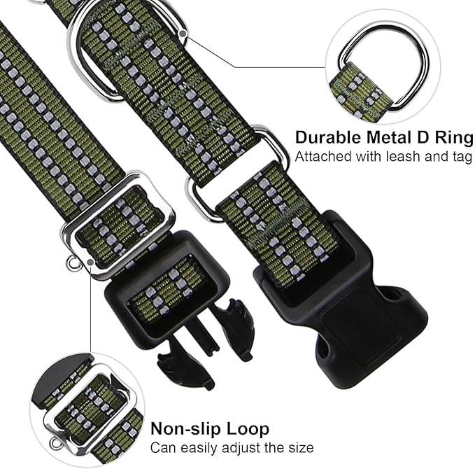 Martingale Dog Collar, Adjustable Nylon Reflective Collar with Quick Release Buckle (Forest Green, Small)