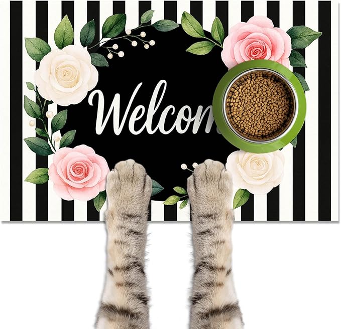 Pet Feeding Mat 24" x 16" Floral Stripe Welcome Design Non Slip Dog Food Mat and Cat Food Mat Easy Clean Puppy Feeding Mat for Indoor Cats Large Pet Food Mat for Food Bowls