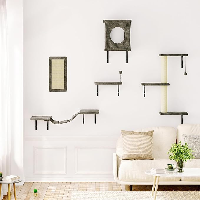 10-in-1 Cat Wall Shelves, Wooden Climbing Wall with Scratching Post, Wall Mounted Cat Furniture for Climbers, Space-Saving Cat Wall for Play & Rest, Drywall & Solid Walls