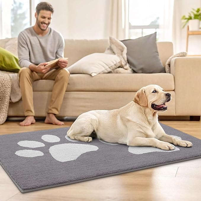Buganda Dog Door Mat for Muddy Paws, Absorbent Dirt Trapper Washable Indoor Doormats, Non Slip Low-Profile Mud Mat for Dogs, Front Entrance Doormat for Inside Floor (47x24 Inches, Light Grey)
