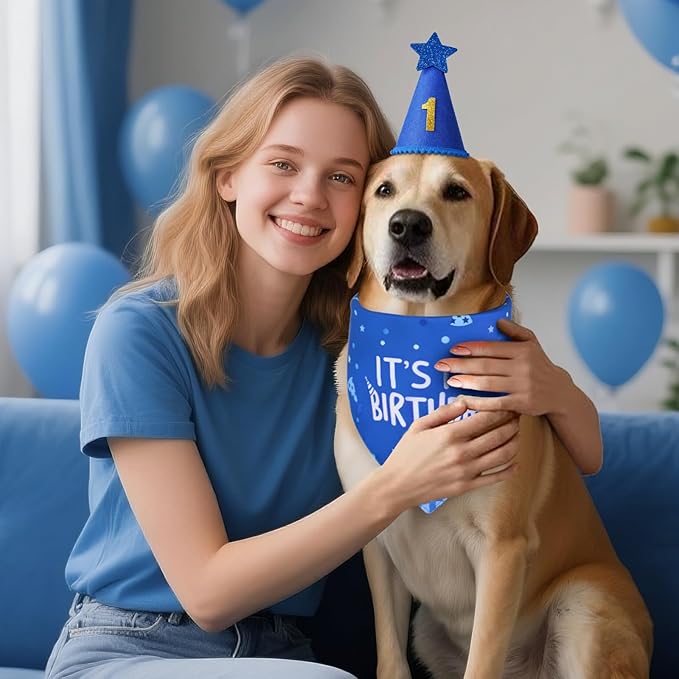 Dog Birthday Party Supplies, Blue Dog Birthday Set with Hat Bandana Numbers for XLarge Large Boy Pets Puppy