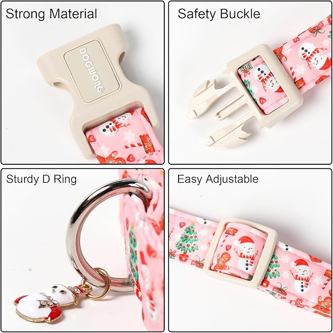 DOGWONG Christmas Dog Collar-Cute Pink Snowman Dog Collars, Adjustable Christmas Pet Collars Puppy Collar with Quick Release Buckle for Girl&Boy Dogs