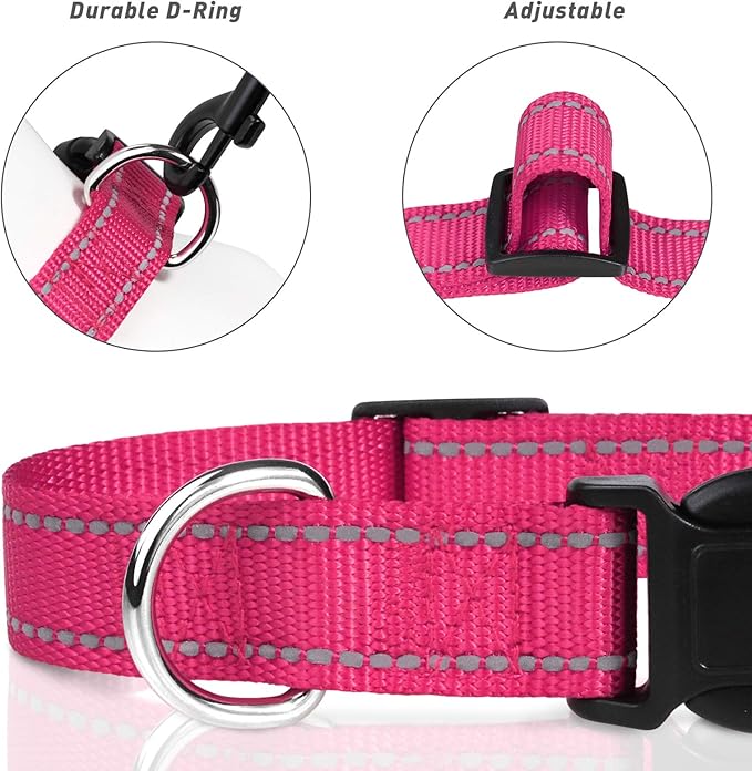 TagME Reflective Nylon Dog Collars, Adjustable Classic Pet Collar with Quick Release Buckle for Puppy, Hot Pink, 3/8" Width