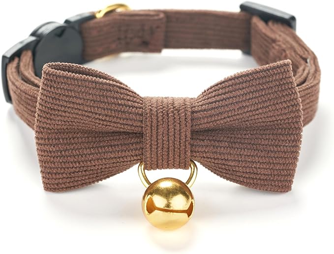 Cotton Breakaway Cat Collar with Bow Tie and Bell, Adjustable Cute Soft Corduroy Kitten Collars for Boy Cats