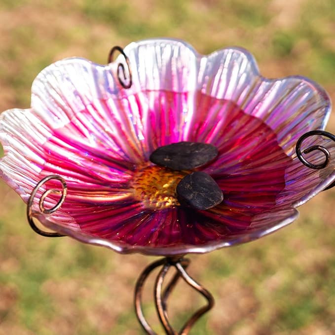 MUMTOP 31 Inch Height Glass Birdbath Birdfeeder with Metal Stake Garden Yard Outdoor Pink