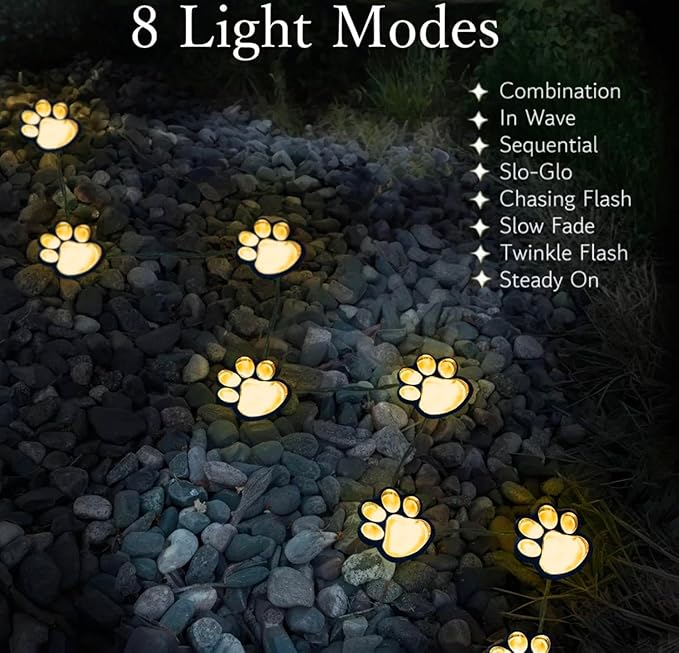 Paw Print Solar Lights - Outdoor Garden Decoration Waterproof, Cat Dog Animal Set (4), Pet Cemetery, Grave Memorial, Gifts for Pet Lovers (Warm White)