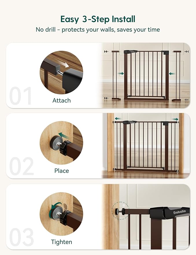Babelio 29-55" Extra Wide Baby Gate for Stairs & Doorways, Metal Auto Close Pressure Mounted Child & Pet Safety Gate, Easy Install NO Need Tools and Drilling for Indoor Use, Brown