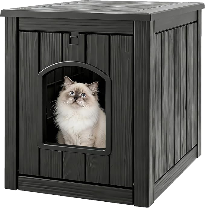 Litter Box Enclosure, Waterproof & Weatherproof Plastic Cat House for Indoor Outdoor Use, Multi-Functional Hidden Litter Box Furniture for Living Room, Backyard, Patio, Garage (Black)