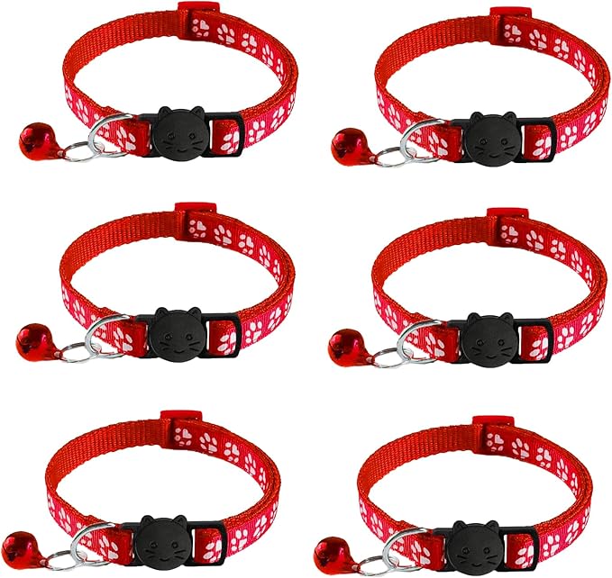 6 Pack Breakaway Cat Collar with Bells, Claw Print Design, Safety Buckle Kitten Collars, 0.4 Inches Width Lightweight, Adjustable 7.5-12.5 Inches Suitable for Girl Boy Cats