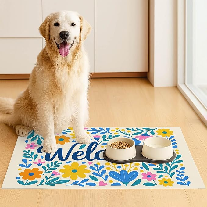 Daisy Flower Pet Food Mat 20" x 12" Welcome Sign Pet Feeding Mat Non Slip Mats for Dog Food and Water Bowls Easy Clean Fast Dry Placemat for Cat Food Mats for Indoor Trendy Pet Accessories