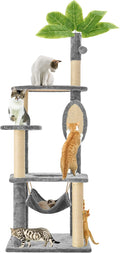 Cat Tree for Indoor Cats, 55 Inch Cat Tower with Rotating Scratching Board, 4 Sisal Posts & Leaf Top Design, Modern Cat Furniture for Multiple Cats (No House), Grey