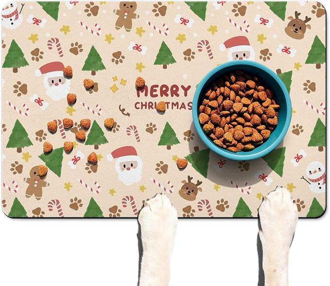 Christmas Dog Food & Water Mat, Paw Prints Santa Claus Snowman Xmas Pet Feeding Mat for Floor Non-Slip Waterproof, Super Absorbent Cat Bowl Mat, Easy to Clean Pet Placemat,16" × 24"