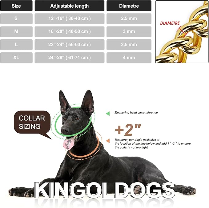 Stainless Steel & 18K Gold Dog Chain Collar - Adjustable, Chew Proof, Cuban Link, Double Row, Metal, Walking Collar for Large, Small, Medium Dogs (S 12" -16")
