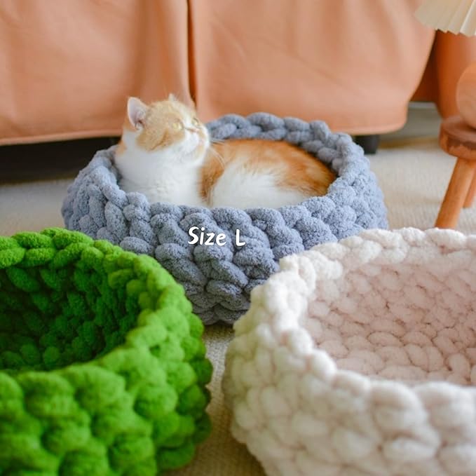 Cat Nest Bed - Premium Self Warming Handwoven Washable Extra Soft Round Cave House for Indoor Kitten & Kitty, Small & Large (Cloud White,Large)