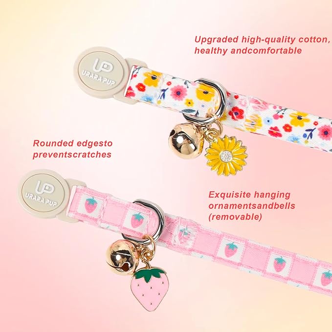 Cat Collar, 2Pack Flower Cats Collars-Cute Summer Breakaway Cat Collar with Bell & Pendant, Pretty Flower Kitten Collars with Safety Buckle for Girl & Boy Cats, 7-12Inch