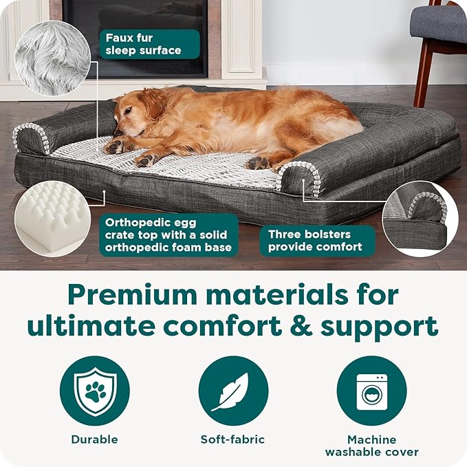 Furhaven Orthopedic Dog Bed for Large Dogs w/ Removable Bolsters & Washable Cover, For Dogs Up to 95 lbs - Luxe Faux Fur & Performance Linen Sofa - Charcoal, Jumbo/XL