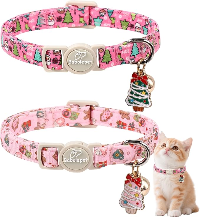 2 Pack Christmas Cat Collars - Breakaway Cat Collar with Bell, Pink and Green Christmas Tree Pendant, Winter Adjustable Kitten Collars for Girl Boy Cats, Cozy Christmas