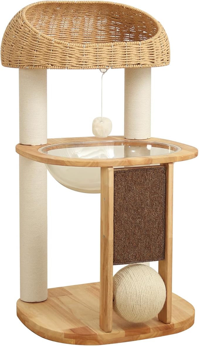 Wood Cat Tree for Large Cats, Modern Cat Tree Tower with Wide Shelves Cotton Scratching Posts, Super Sturdy Base, Cozy Perches, and Interactive Toys for Indoor Kittens