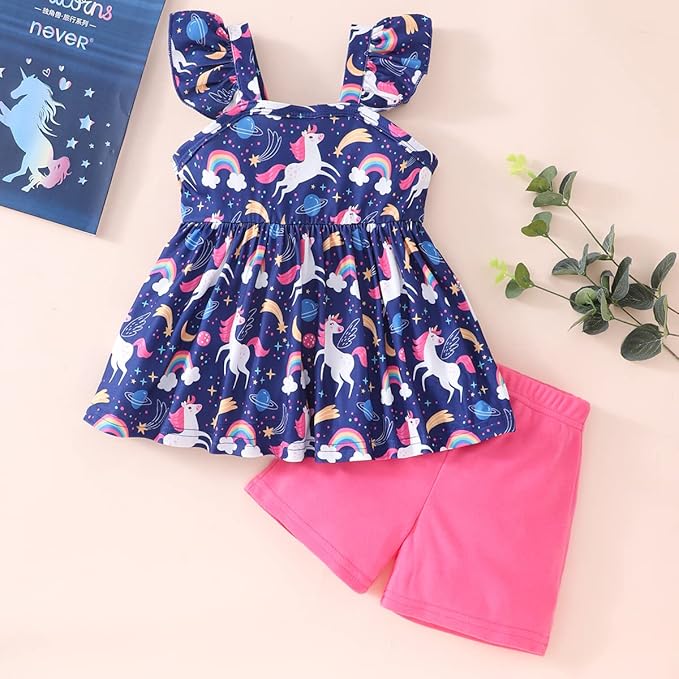 Toddler Baby Girls Summer Clothes Outfits Ruffled Sleeve Dinosaur Shirt Leopard Tops and Shorts Pants Sets 2PCS