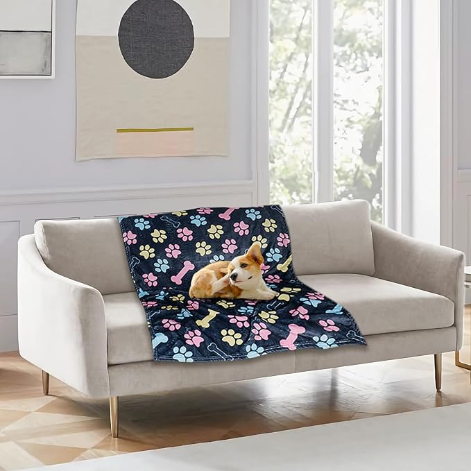Dog Blankets for Large Dogs, 50"x40" Blanket Washable, Fuzzy Soft Pet Mat Throw Cover for Kennel Crate Bed, Cute Paw Pattern, Cat Blanket, Gifts Medium Small Pet Essentials, Navy Blue
