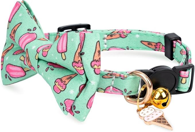 2 Pack Cotton Cat Collar with Bow Tie and Bell for Girl Boy Cats,Cute Pink Flamingo and Blue Whale Pattern Spring Summer Breakaway Cat Collar for Male Female Cats (Ice Cream)