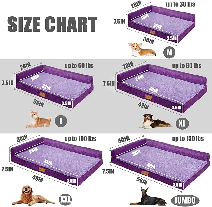 Patas Lague Orthopedic Dog Bed Medium Size Dog 30''X20'', Waterproof L Bolster Medium Pet Sofa Beds with Removable Washable Cover, Soft Comfortable Pet Couch Crate Mat with Nonskid Bottom, Purple