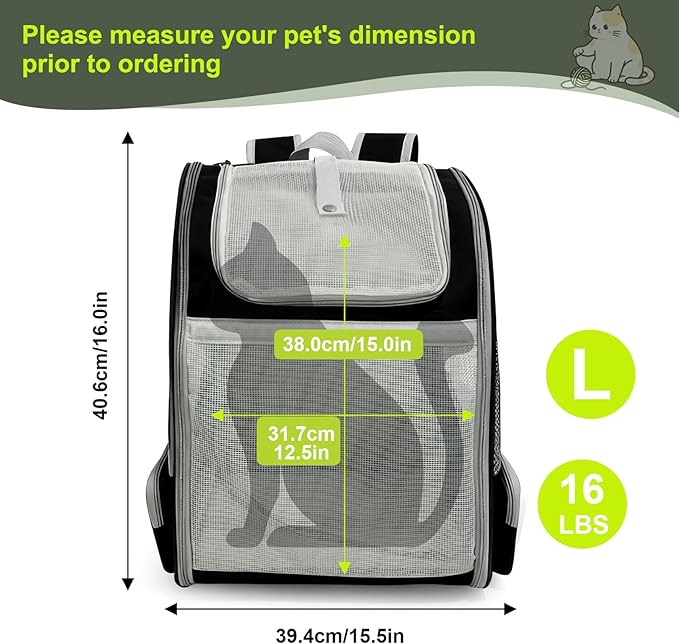 halinfer Backpack to Carry Cat and Small Puppy up to 16 Pounds, Breathable Pet Carrier to Transport Kitten Rabbit to Vet Visit Bag, Airline Approved Collapsible Expandable Black