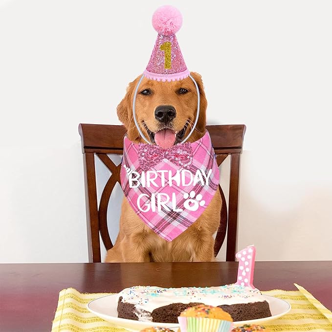 STMK Dog Birthday Outfits, Multi Size Dog Birthday Hat Dog Birthday Girl Bandana Bow Tie Birthday Numbers for Medium Large Dogs Pets (Pink, Large)