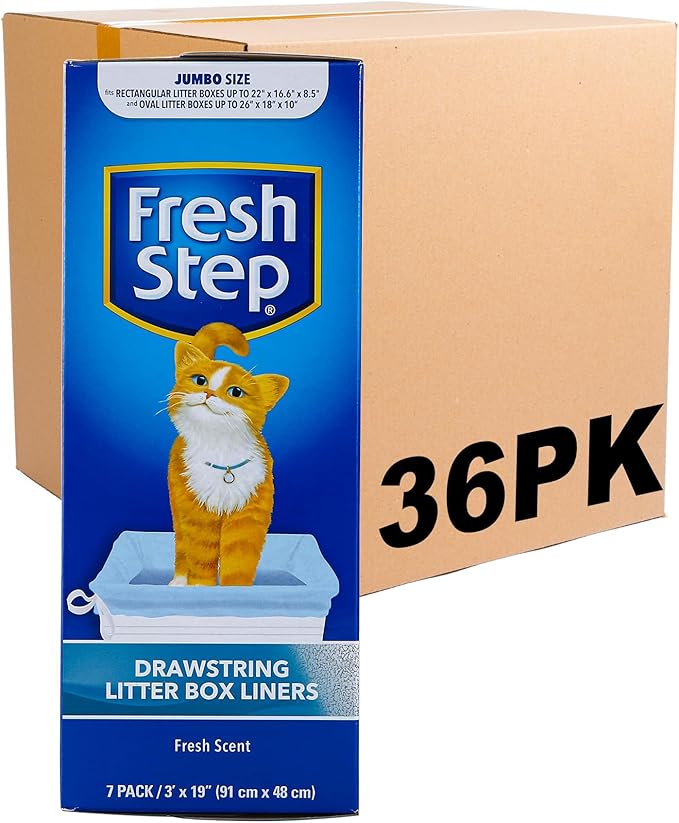 Fresh Step Jumbo Drawstring Cat Litter Box Liners, Scented Heavy Duty Kitty Litter Bags for X-Large Oval or Rectangle Pans, Helps Contain Mess for Easy Lift Out Cleanup, 36 x 19 in, 7 Count - 36 Pack