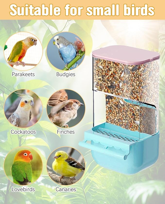 BNOSDM No Mess Bird Cage Feeders Automatic Bird Feeder Parrot Cage Accessories Transparent Seed Food Container with Perch for Finches, Parakeets, Budgies, Lovebirds, Cockatoos, Canaries (Blue)