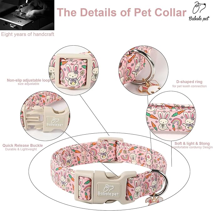 Easter Dog Collar for Large Dogs - Pink Girly Bunny Dog Collars, Cute Girl Dogs Easter Collar, Adjustable Female Spring Holiday Pet Collars with Quick Release Buckle L
