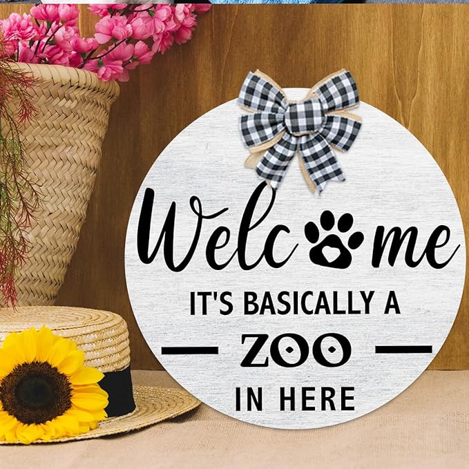 Welcome It's Basically a Zoo in Here Sign,Funny Pet Front Door Sign,Welcome Zoo Wooden Hanging Wall Plaque for Porch Outdoor Pet Lover Owner Gift,Dog Signs for Home Decor,13.7''×13.7''