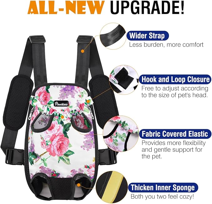 Pawaboo Adjustable Dog Carrier Purses, Pet Front Cat Travel Bag Dog Carrier Purses for Traveling Hiking Camping, Legs Out, Easy-Fit for Small Medium Dogs, S, Flower