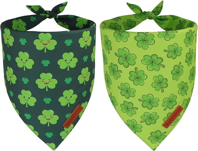 ADOGGYGO St Patrick Dog Bandana 2 Pack, Reversible Shamrock Pet Scarf Bib, Adjustable Fit Green St Patricks Day Bandanas for Small Dogs (Small)
