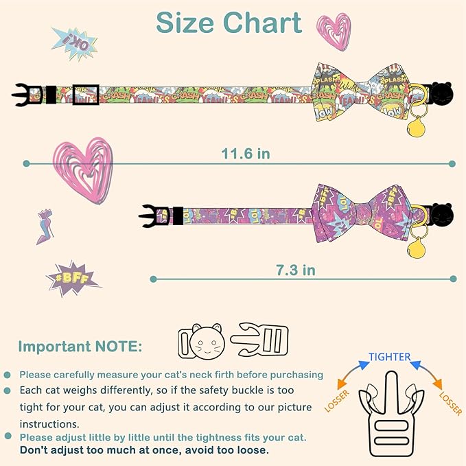 Faygarsle 2 Pack Cotton Designer Breakaway Cats Collar with Bow Tie and Bell Graffiti Style Cat Collars for Girl Female Boy Male Cat Collar with Bell Collars for Cats Purple Yellow